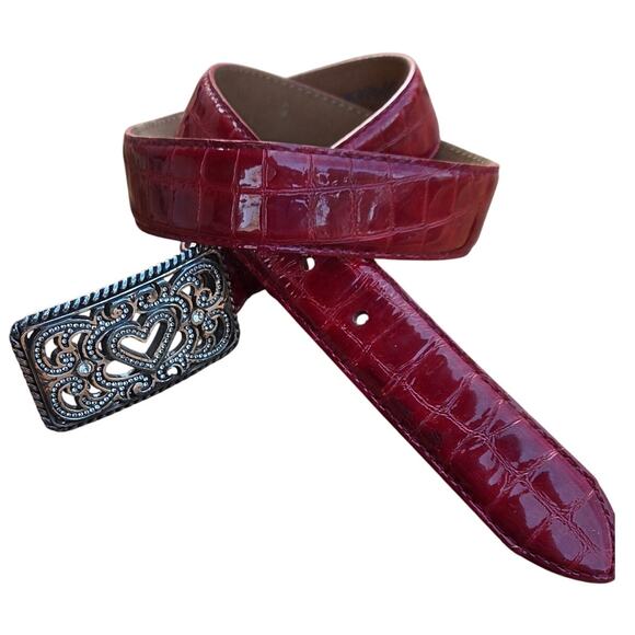 Brighton Red Patent Croc Leather Belt – Rhinestone Heart Buckle – Size 32 - Picture 2 of 11